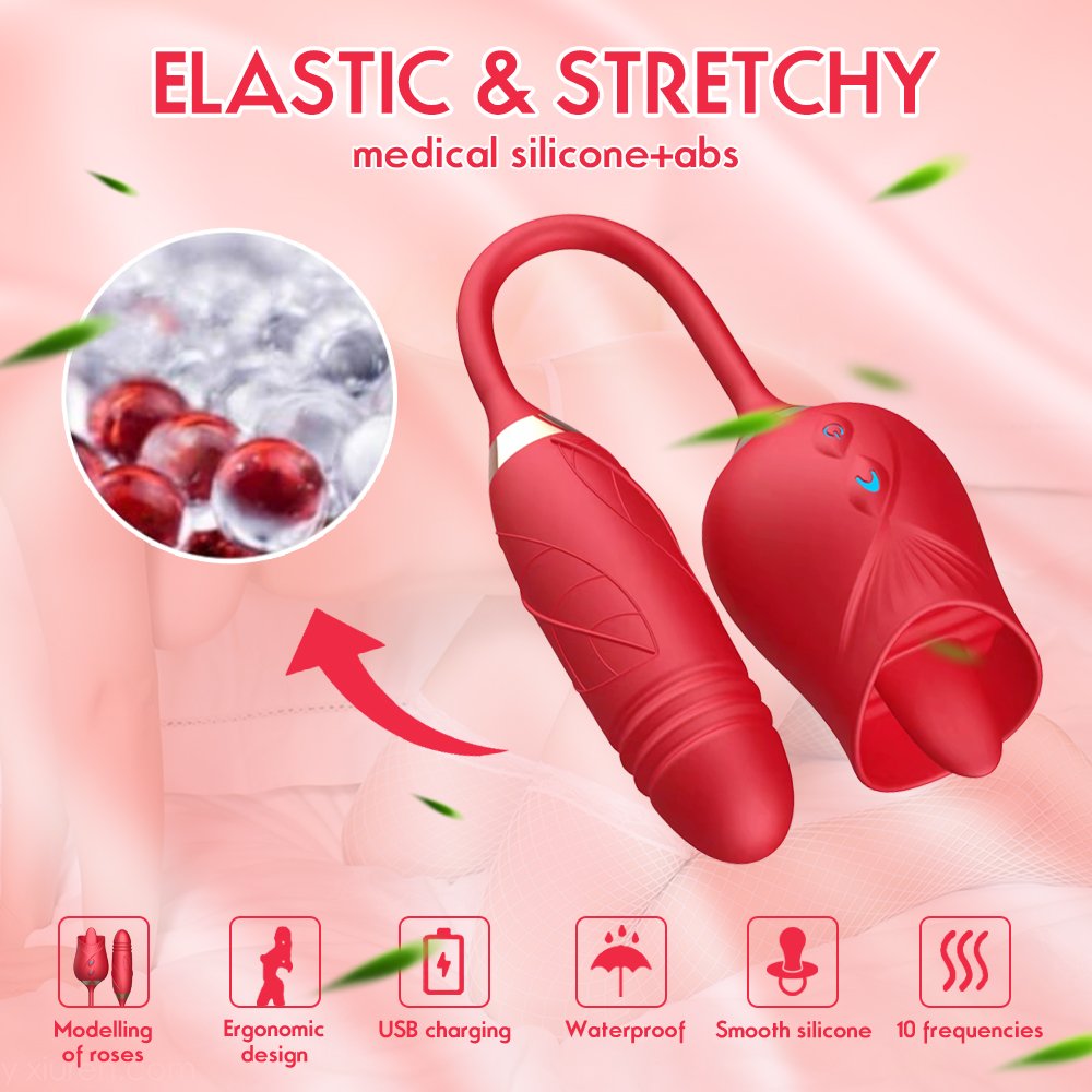 Rose Toy, Tongue Vibrator with Thrusting Dildo
